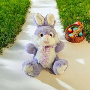 Purple Rabbit Plush in Floral Bow Easter Bunny Spring Funny Kids Stuffed Animal